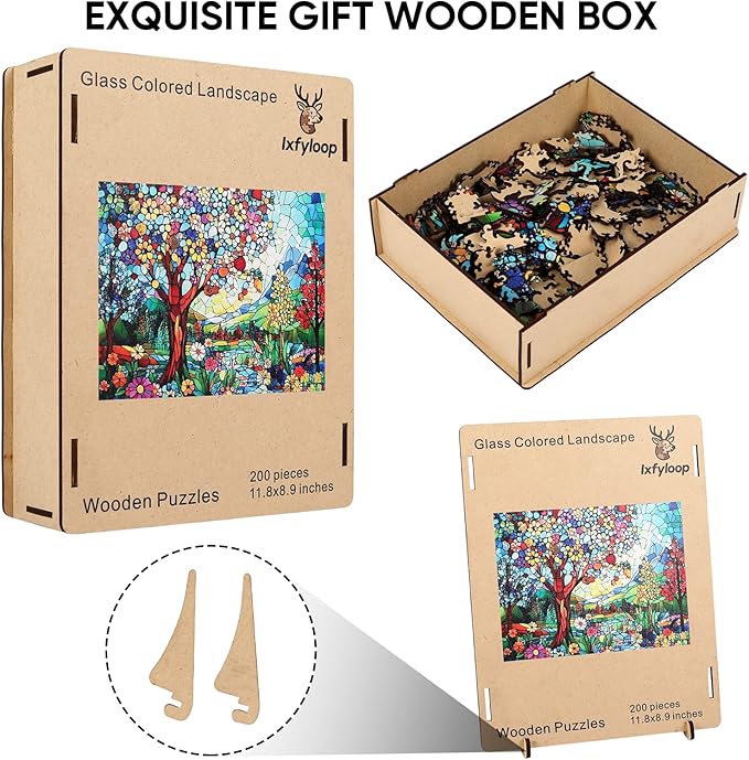 Ixfyloop Stained Glass Wooden Puzzles for Adults, Colorful Tree of Life Jigsaw Puzzles, 200 Pieces Landscape Adults Puzzles, Best Gifts for Puzzle Lover, 8.9x11.8 inch
