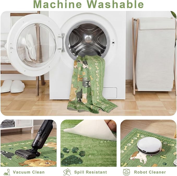 DUKINO 2x6 Kitchen Runner Rug, Washable Soft Non Slip Dog Rug, Green | Stain Resistant, Low Pile Non-Shedding Animal Carpet Runner for Hallway Laundry Entryway Bathroom Bedroom, Kid & Pet Friendly