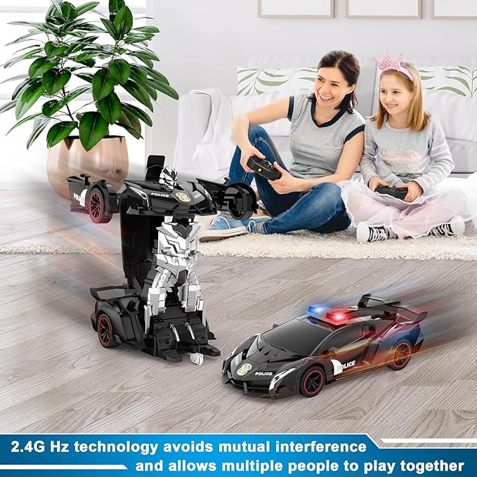 Remote Control Car - Transforming Toy Car Robot, One-Button Deformation with Flashing Lights 2.4GHz 1:18 Scale Transforming Police Car with 360-Degree Rotation Toys for Boys and Girls