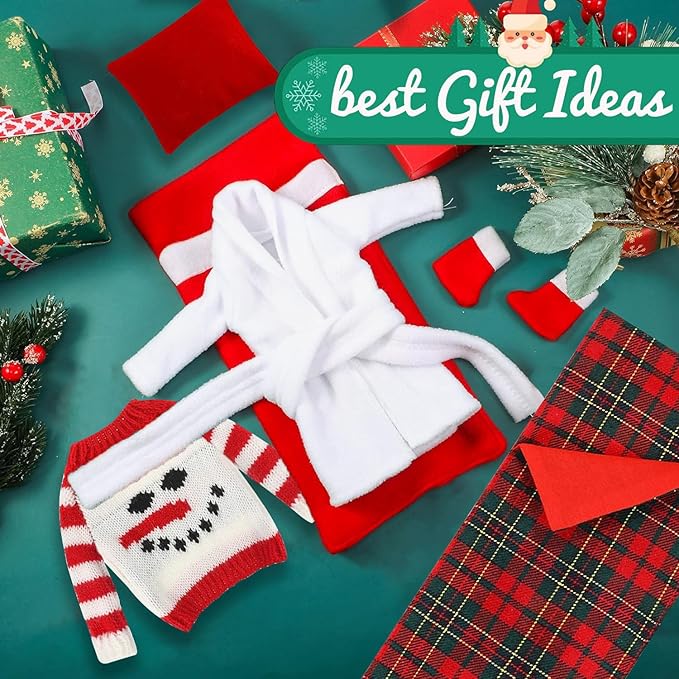 9PCS Christmas Doll Clothes Accessories Set Including Christmas Sleeping Bag Bathrobe Scarf Glasses Pillow Boots Sweater Eyepatch Hammock, Christmas Outfits for Doll Decor, Gift for Kids Boys Girls