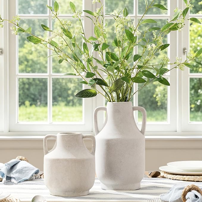 Mitt&Ditt Ceramic Flower Vase with Handles, 8 inch Tall Off-White Vase, Decorative Terracotta Vases, Farmhouse Rustic Pottery Vases for Home Decor, Living Room, Table