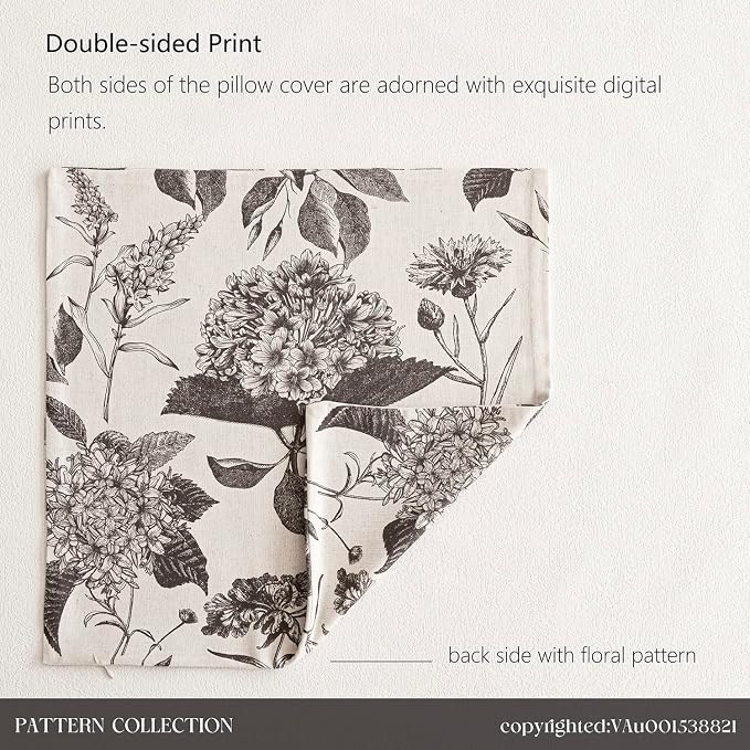 Foindtower Set of 2 Linen Floral Vintage Throw Pillow Covers Neutral Accent Print Decorative Cushion Covers Farmhouse Boho Home Decor for Sofa Chair Couch Bedroom Living Room,24×24 Inch,Black