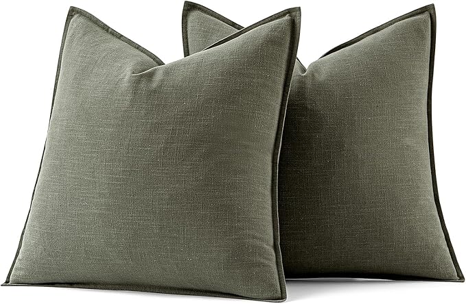 MIULEE Decorative Linen Pillow Covers 20x20 Inch Olive Green | Boho Farmhouse Neutral Couch Throw Pillows for Bed, Pack of 2 Accent Modern Pillowcases, Sofa Livingroom Home Decor