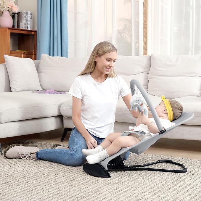 HKAI Baby Bouncer, Portable Baby Bouncer Seat for Babies 0-18 Months, 100% Cotton Fabrics, 3 Modes of use with Rocker and Stationary Options, Infant Rocker Chair with Hanging Toys-Light Grey