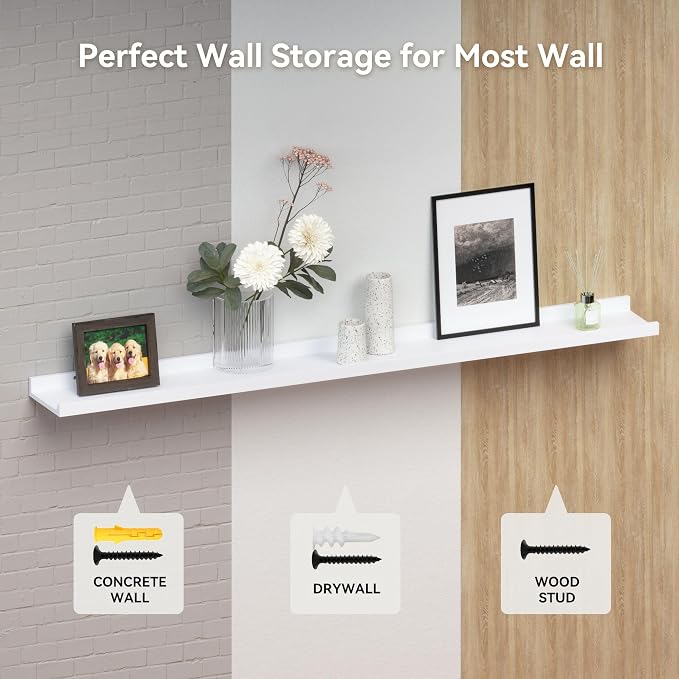 Boswillon Floating Shelves Set of 2, Long Wall Shelf with Lip, 72in, White | Display Ledge Shelf for Room Wall, Wall Decor Shelves for Bathroom, Living Room, Bedroom, Kitchen, Nursery Room, Modern, Wood