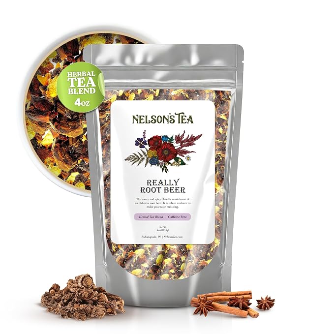 Nelson's Tea Really Root Beer - Cut & Sifted Sarsaparilla Root Tea Loose Leaf - Caffeine Free, Classic Herbal Blend with Burdock, Birch Bark, Dandelion, Licorice, Ginger and More (4 oz)
