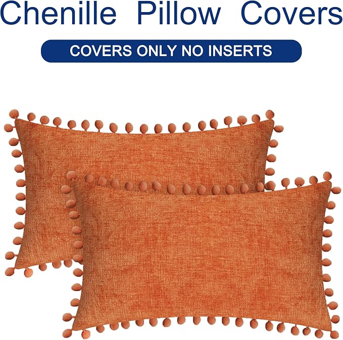 CaliTime Fall Decorative Throw Pillow Covers 20 X 12 Inches Burnt Orange | Pack of 2, Cozy Chenille Cushion Cases, with Pom Poms for Sofa Bed Living Room Farmhouse Home