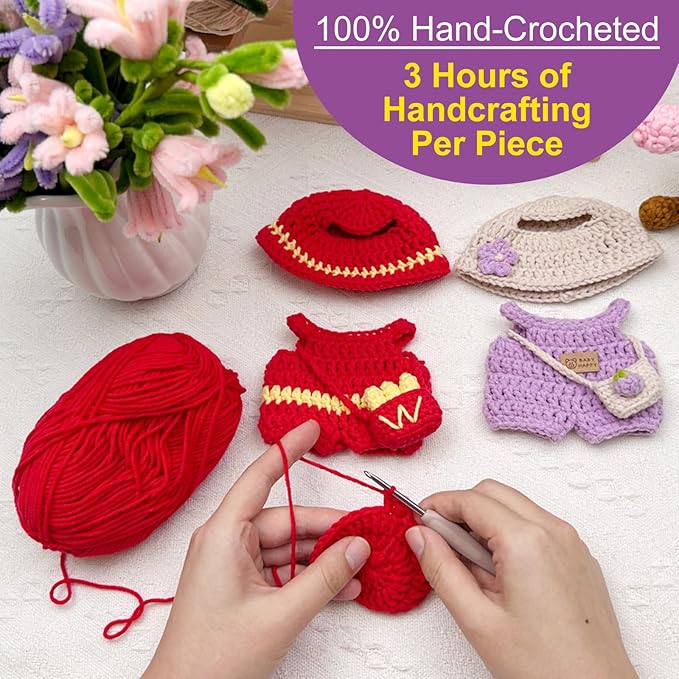 17cm Doll Clothes, 3-Piece Handmade Crochet Doll Outfit Set, Kawaii Style Accessories with Cute Hat, Jumpsuit & French Fries Bag Compatible 6 Inch, Gift for Collectors (ONLY Outfit)
