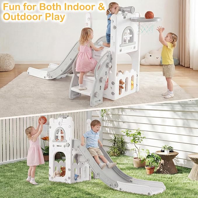 OLAKIDS Toddler Slide, 6 in 1 Kids Indoor Outdoor Playground with Climber Basketball Hoop Telescope Toy Storage for Boys Girls Aged 1+ (Grey, 27'')