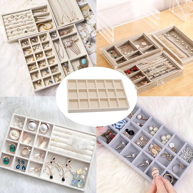Velvet Jewelry Organizer Tray, Beige 18 Grids | Stackable Jewelry Storage Display Tray with Removable Dividers for Drawer Dresser Cloest Organizer