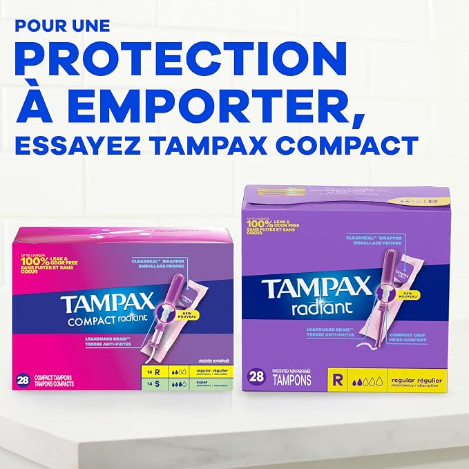 Tampax Radiant Tampons Super Absorbency with BPA-Free Plastic Applicator and LeakGuard Braid, Unscented, 42 Count (Pack of 2)