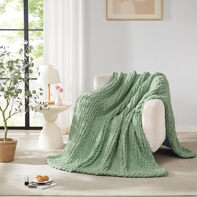 L'AGRATY Chunky Knit Throw Blanket for Couch, 60 x 80 Inches, Sage Green | Handmade Chenille Crochet Blanket for Sofa Bed, Thick Cable Knitted Blankets for Room Home Decor, Birthday Gift for Women Mom