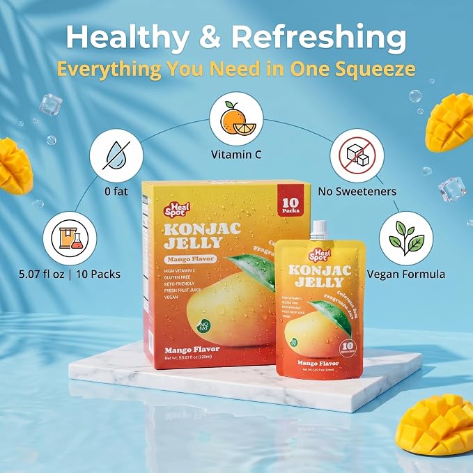 Healspot Real Fruit Juice Snacks Konjac Jelly with Collagen Peptides and Vitamin C, No Artificial Sweetener, Low Calories|Gluten Free|Keto Friendly, Healthy Korean Snacks 10 Pouches Mango Flavor