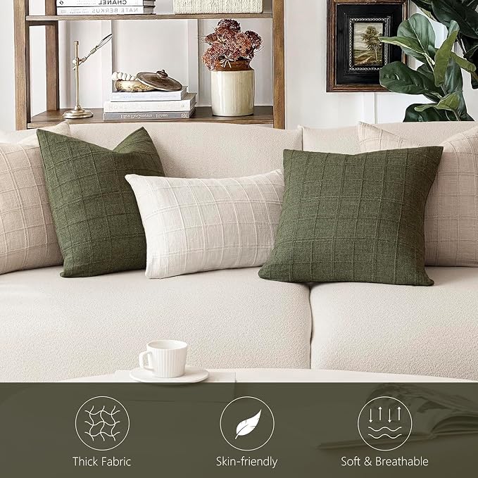 Foindtower Set of 2 Decorative Linen Check Throw Pillow Covers Neutral Farmhouse Vintage Cushion Covers Modern Boho Home Decor for Sofa Chair Couch Bedroom Living Room,26×26 Inch,Olive Green
