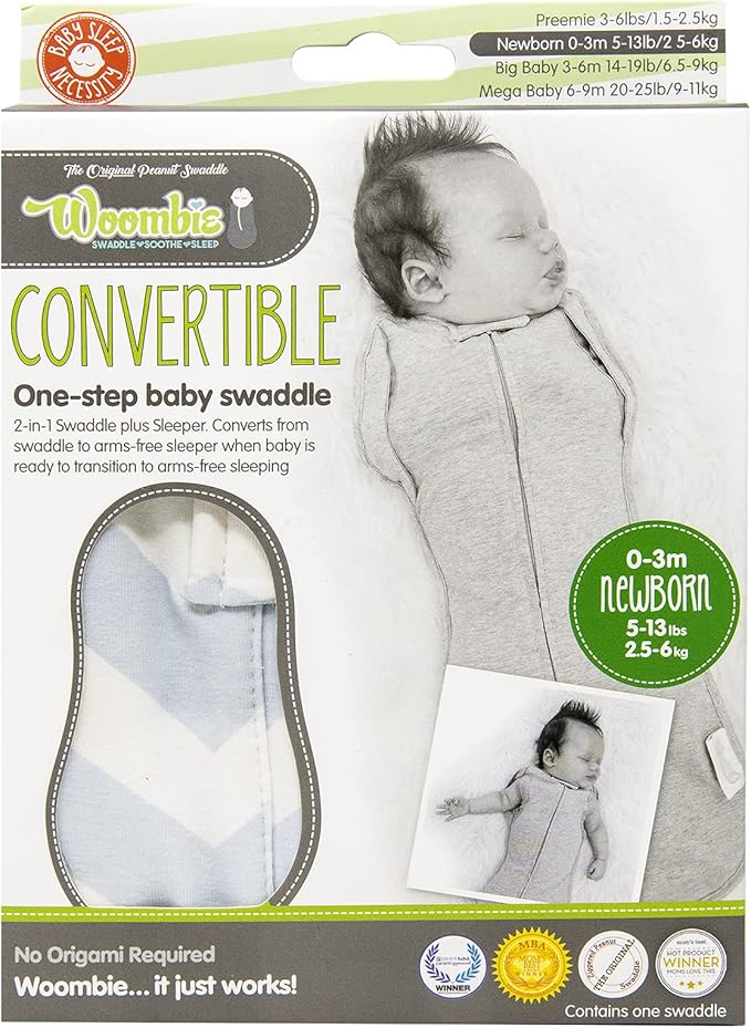 Woombie Convertible Baby Swaddle Blanket, Converts to Wearable Blanket for Babies Up to 3 Months, Blue Chevron, 5-13 lbs