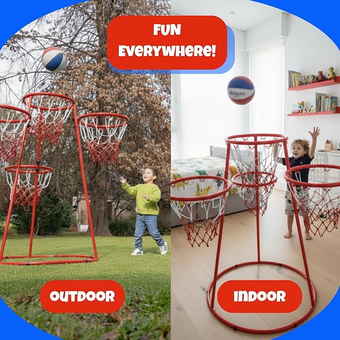 Activejoy- 4 Hoop Basketball Set - Toddler Basketball Hoop Indoor - Outdoor Play Preschool - +3 Years Old Toy. Includes 2 Balls and air Pump