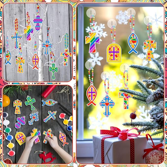 30 Sets Cross Suncatchers Window Art Kits, Sunday School Christian DIY Sun Catchers Bulk Religious Crafts Paint Your Own Cross Window Ornaments for Boys Girls Home Classroom Party Decor