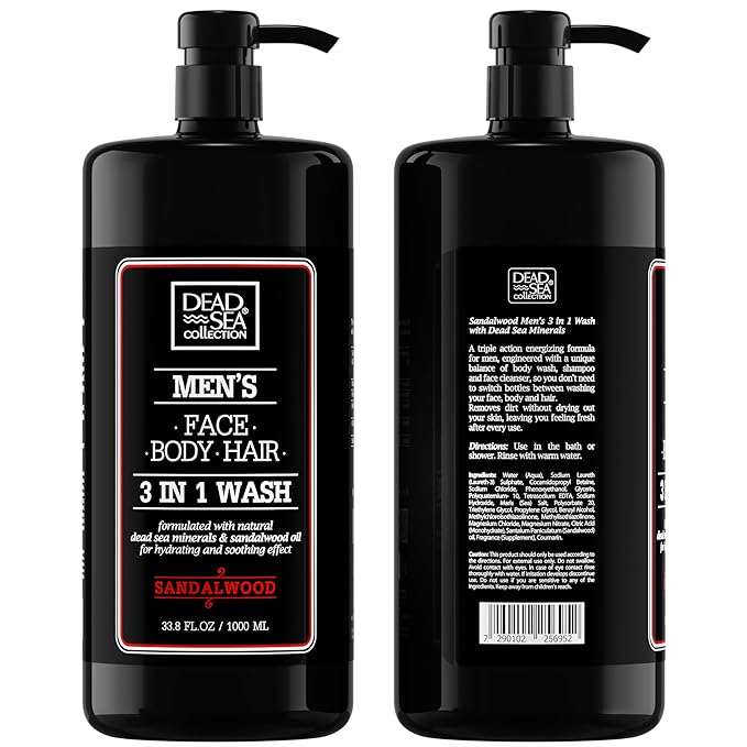 Dead Sea Collection Sandalwood Men’s Body Wash – 3 in 1 Body Wash for Men for Hair, Face & Body – Moisturizing Shower Gel with Dead Sea Minerals – Pack of 2 (33.8 fl oz each)