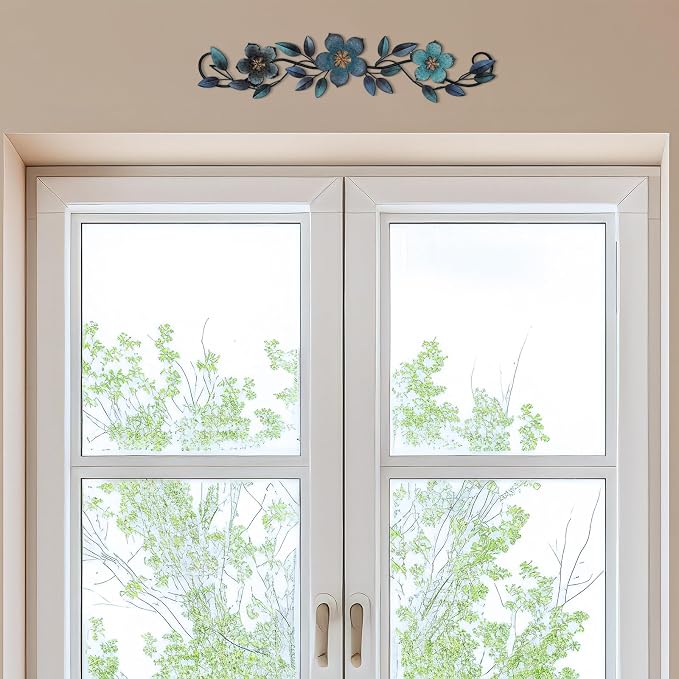 Wesiti Metal Flower Wall Decor Vintage Metal Flower Wrought Iron Scroll Sculpture 15.7''x3.7'' Not 3D, Flat Farmhouse Leaf Wall Decor with Nails for Summer Bedroom Kitchen Indoor Outdoor(Blue)