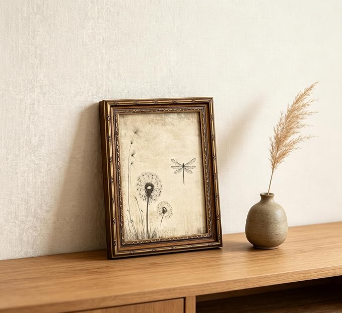Vintage Gold Framed Canvas Wall Art Beige Dandelion Dragonfly Painting Picture Wall Decor Country Botanical Insect Poster Print Artwork for Living Room Bedroom Home Decoration