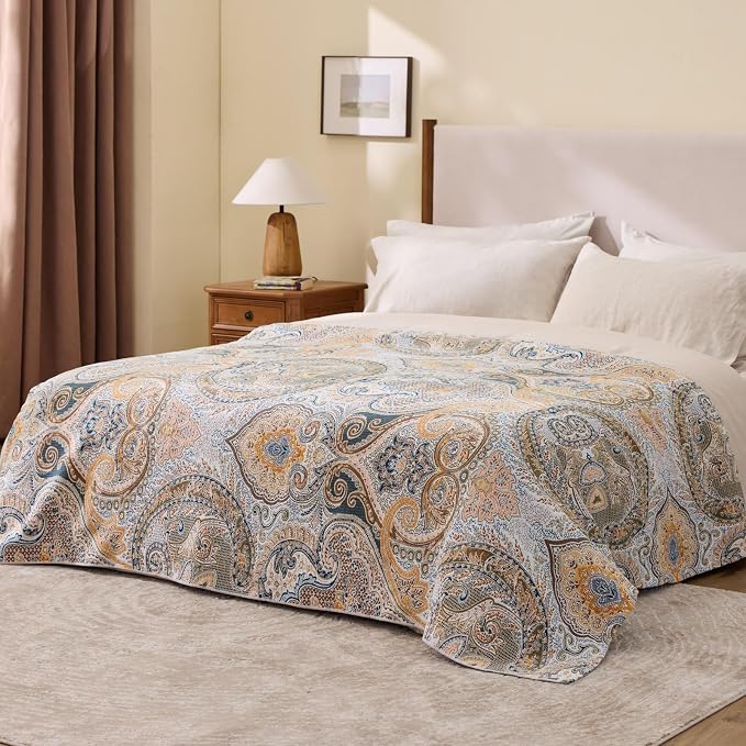 100% Cotton Boho Throw Blanket for Home Decor – Classic Farmhouse Quilt Bedding, Muslin Blankets for Adults, Vintage Woven Decorative Blanket for Couch, Bed Layering Use, Paisley Pattern, 90"x90"