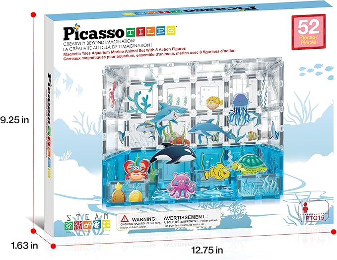 PicassoTiles Magnet Tiles Magnetic Building Blocks Aquarium Marine Animal Theme Set with 8 Character Action Figures Shark Crab Turtle STEM Toys Construction Preschool Toddlers Kids Boys Girls 3+ PTQ15