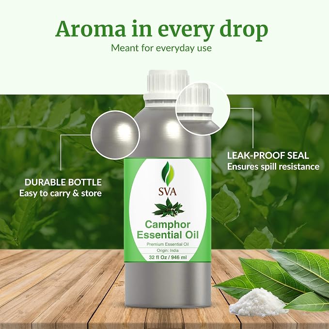 SVA Camphor Essential Oil 32 Fl Oz – for Diffuser, Skin & Hair Care – Ideal for Massage & DIY Blends