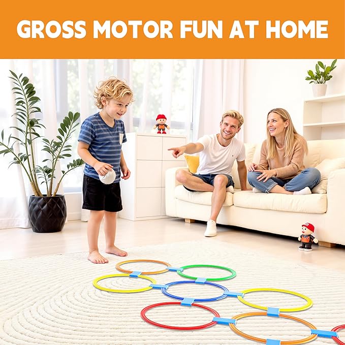 Hopscotch Rings – Hoop + Square, 2-Set – (10 Round + 10 Square, 15-inch) + 30 Connectors, Agility Rings for Kids, Gross Motor Skills, Preschool & Kindergarten PE, Playground Obstacle Course