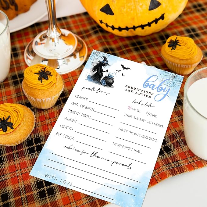 Hilarious Baby Shower Games, 25 Sets Halloween Baby Predictions, Blue Witch Gender Reveal Game Cards for Party Announcement Supplies - B02