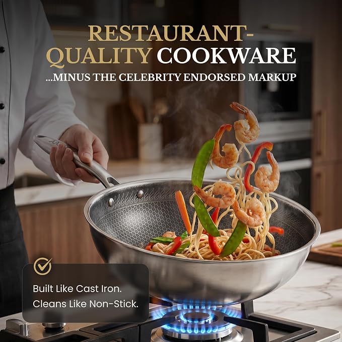 MUGAA® 11" Honeycomb Stainless Steel Wok with Lid, Nonstick, Induction Safe | Heavy-Duty Stir Fry Pan, Induction Compatible & Even Heat Distribution, PFOA-Free Non Toxic Cookware, Oven & Dishwasher Safe