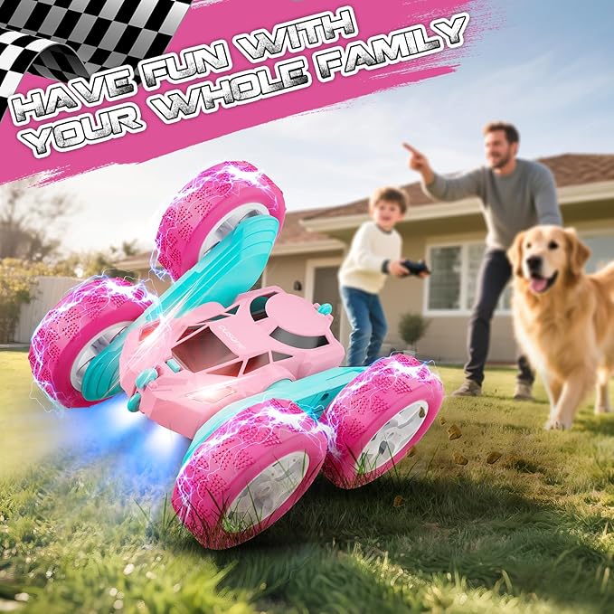 cosone Remote Control Car Pink RC Cars for Girls, RC Stunt Cars with 4WD Double-Sided Driving 360° Flips Rotating, Outdoor Toys for Kids Age 6 7 8 Valentines Day Gifts Birthday Gifts