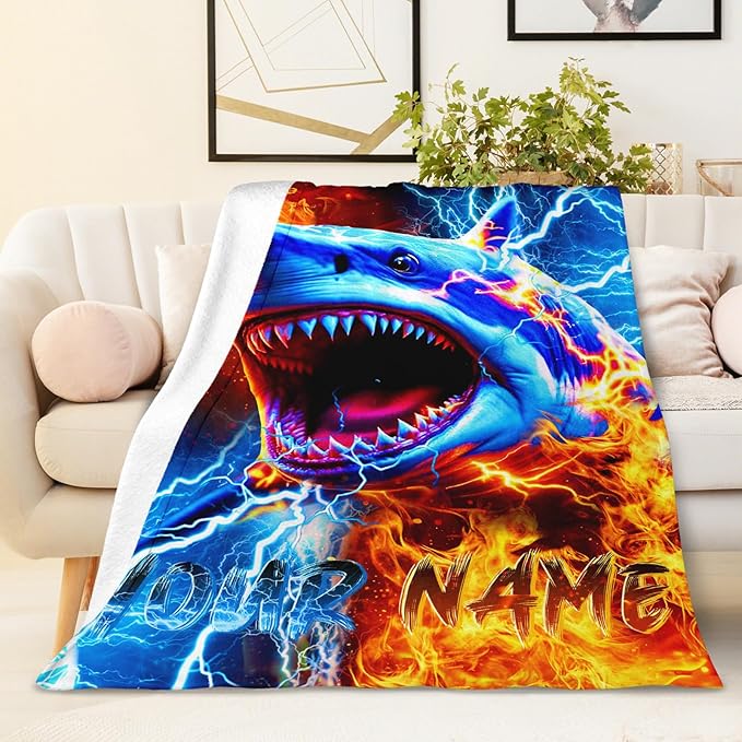 Boys Shark Blankets Personalized Throw Blankets for Kids Teens, 60x80 Inches Lightweight Comfy Custom Throw for Sofa Chair Bed Office Home Decor
