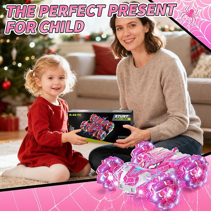 Spider Toys for Girls 4 5 6 7 8 9 10 11 12, Gesture Sensing Remote Control Car, Double Sided RC Cars with Full-Body Light, 2.4GHz Hand Controlled Rechargeable RC Stunt Car