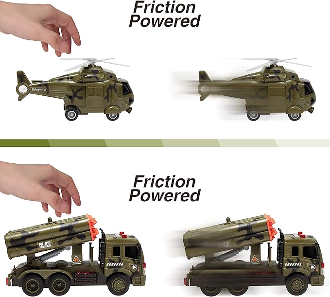 JOYIN 3 in 1 Friction Powered Siren Army Vehicle Toy with Action Figures - Military Truck, Helicopter and Tank Toy with Light and Sound Siren for Imaginative Play, Presents for Kids