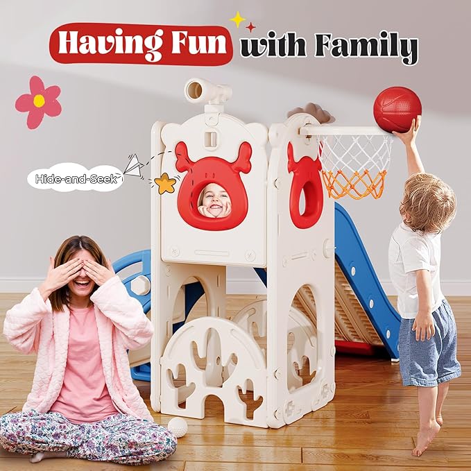 Toddler Slide, 7 in 1 Toddlers Playset Upgrade with Kids Slide Golf Set, Basketball Hoop and Storage Space for Toddler Age 1-3, Backyard Playground Indoor and Outdoor