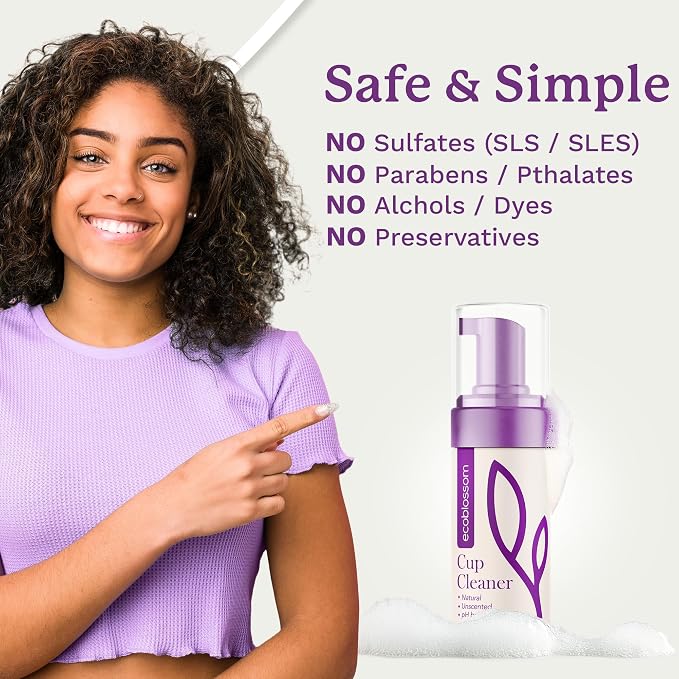 EcoBlossom Menstrual Cup Cleaner - Unscented Foaming Sterilizer Wash for Silicone Period Discs - Wipes Clean, Organic Ingredients, Natural, pH-Balanced (5 oz (150ml))