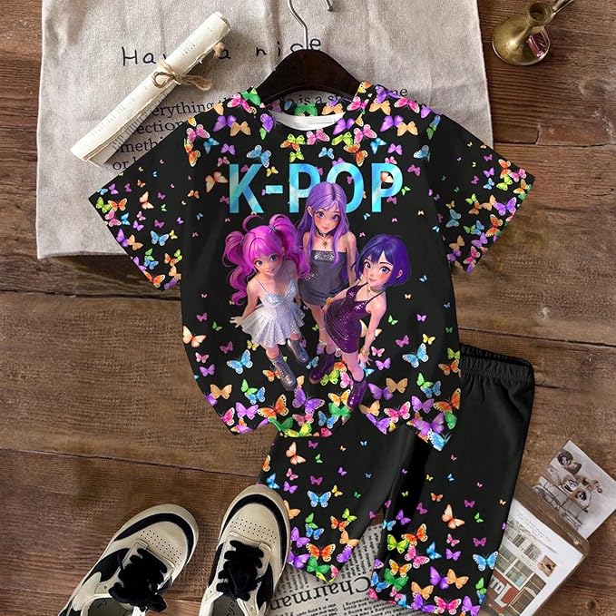 K-POP DEM0N Hunters Outfits for Girls, 2 Piece T-Shirts and Apparel Sets Birthday Gift