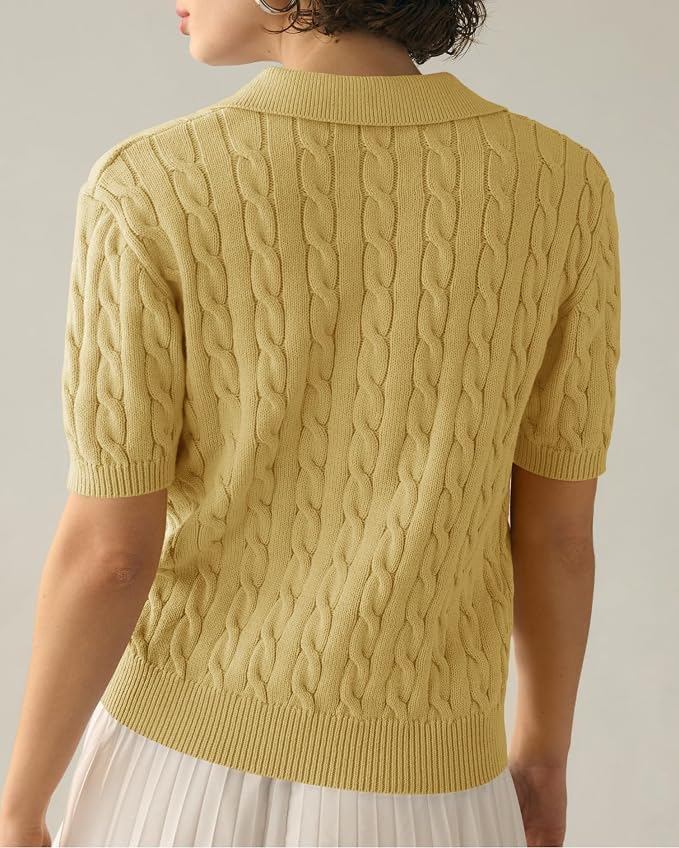 Imily Bela Womens Cable Short Sleeve Sweaters Tops Lapel V Neck Knit Shirt | Solid,Knit Casual,Soft Pullover,Fall Sweaters,Womens Summer Work Tops