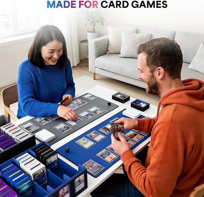 UAONO Trading Card Storage Box with Commander Display;3900+ Card Box for MTG, Removable Cover; 5 Row Case fits MTG TCG Sports Cards 48 Dividers,5 Stoppers,5 Top Loaders,1 Dice Box(Black, Blue)