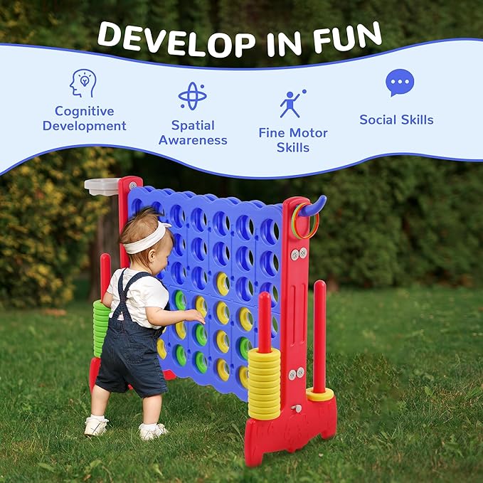 Elevon Giant 4-to-Score Game Set, 4-in-A-Row Jumbo w/Basketball Hoop, Ring Toss, 42 Jumbo Rings & Quick-Release Slide, 2.75FT Tall Indoor Outdoor Yard Family Connect Game for Kids & Adults