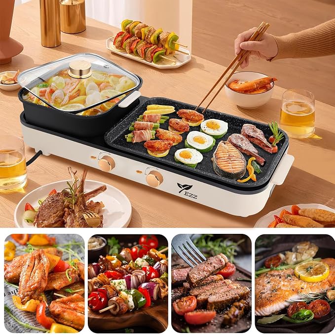 2026 Electric Hot Pot with Grill,2-10 People Indoor Hot Pot 2 in 1 Multi-function Smokeless Shabu-Shabu Hotpot Korean BBQ Grill for Simmer,Separate Dual Temperature Contral