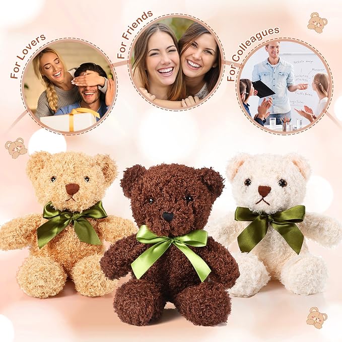 HyDren 30 Pcs Stuffed Animals Plush Bears Gifts Bulk Sleeping Playing Bear Toys with Bow Tie for Birthday Baby Shower Graduation Christmas Wedding Party Favor(10 Inch,White, Brown, Dark Brown)