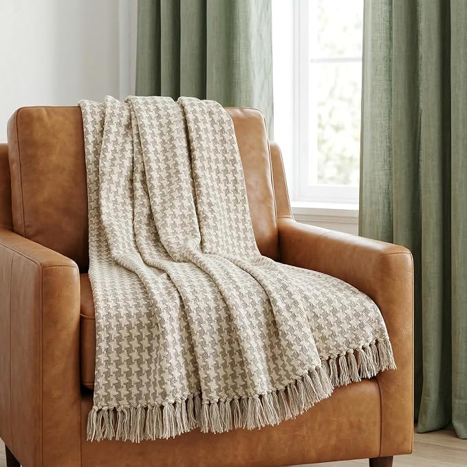 Americanflat 50x60 Throw Blanket - Soft and Breathable Cotton Throw Blanket for Couch, Bed, Chair - Decorative Blankets Perfect for Home, Office, or Outdoor Use - Cream and Beige Houndstooth Design