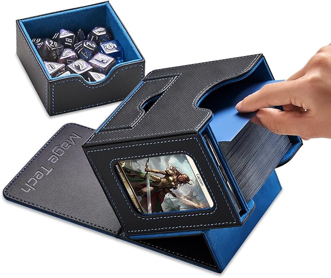 Mage Tech Card Deck Box for MTG Commander - Patented Design, Commander Display, Fits 100 Double-Sleeved Cards, 35pt Card Brick & Dice Tray - Black/Blue