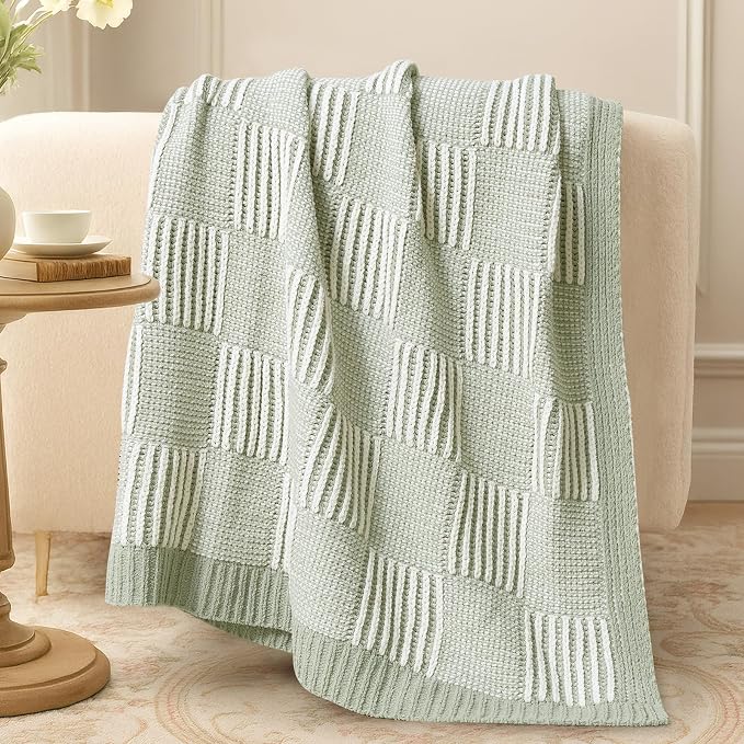 Knit Throw Blanket, Soft Chenille Cozy Breathable Dual Tone Checkered Chunky Decorative Blanket for Couch, Bed & Sofa, French-Inspired Lightweight Warm Gift for Women, Sage Green, 50"x60"