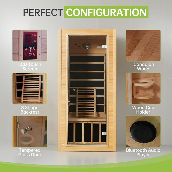 Real Relax 1 Person Infrared Sauna, Indoor Near Zero EMF Canadian Hemlock Wood Sauna with 1400W, 9 Chromo Therapy Lights, Oxygen Lonizer, Bluetooth, LCD Control Pannel for Home Spa Days