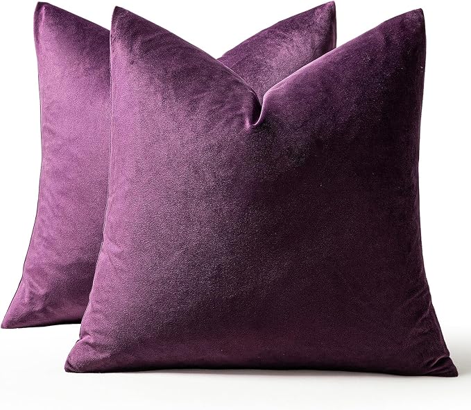 MIULEE 24x24 Inch Pack of 2 Euro Velvet Throw Pillow Covers Eggplant Purple | Soft Solid Decorative Euro Sham, Modern Luxury Home Decor, for King Bed Sofa Couch Bedroom Livingroom