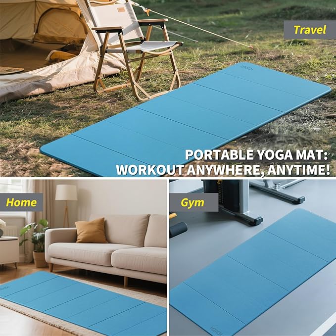Foldable Extra Large Yoga Mat 74"×31.5", 8mm Double-Sided Non Slip Lightweight Fitness Mat for Man & Woman, Portable for Home Studio & Travel
