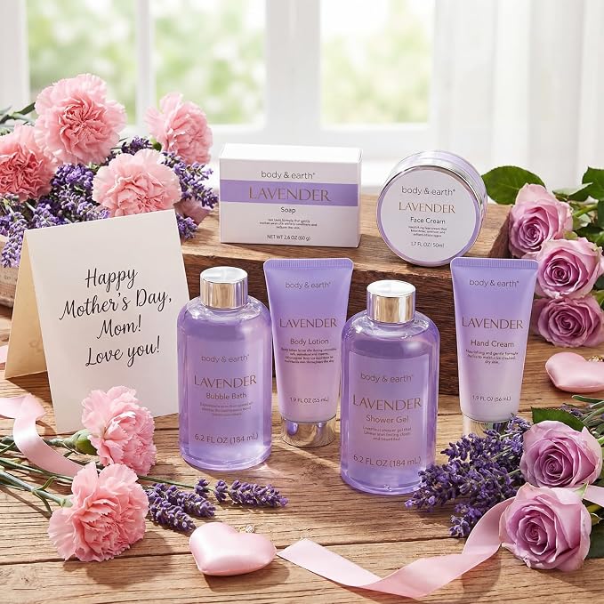 BODY & EARTH Bath and Body Gift Box for Women- 6 Pcs Lavender Bath Kit for Women Spa Set, Birthday, Christmas Gift Set Includes Bubble Bath, Shower Gel, Body Lotion
