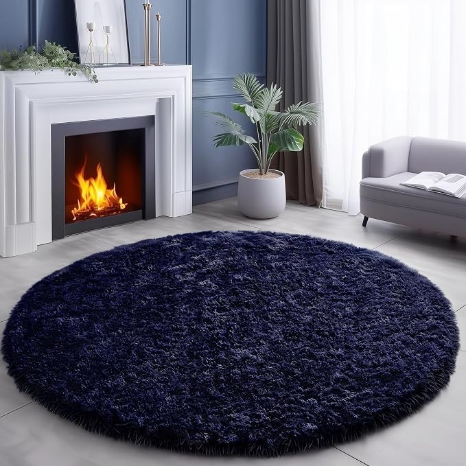 Amdrebio Dark Navy Round Rug 4Ft for Boys Room Bedroom, Fluffy Shag Fuzzy Plush Circle Area Rugs for Kids, Teens, Living Room Decor Aesthetic, Indigo Furry Cool Dark Blue Carpet for Dorm Baby Nursery